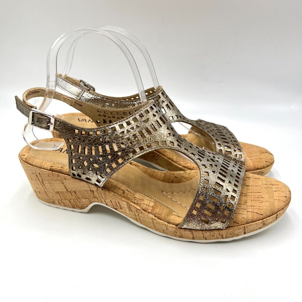 Vaneli‎ Womens Size 11.5 Metallic Gold Perforated Wedges Summer Sandals Shoes